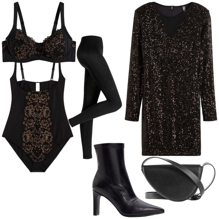 Outfit donna - Serata evento speciale. Stile Glamour per Serata fuori. Abbinamento con vestiti, body, leggings, stivaletti, borse a tracolla, reggiseni.