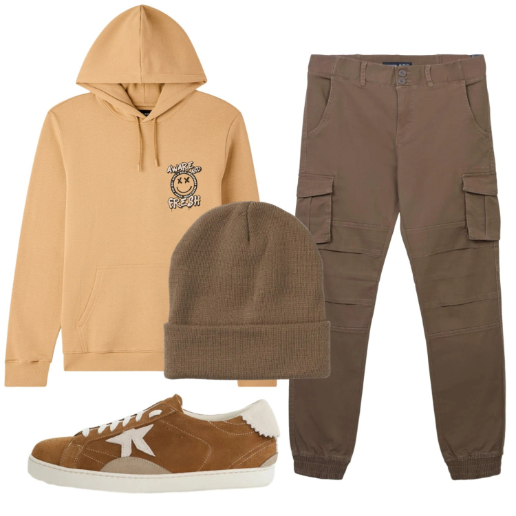 Outfit uomo - Total look #2330424. Stile Casual per Tutti i giorni. Abbinamento con sneakers, pantaloni cargo, felpe con cappuccio, berretti.