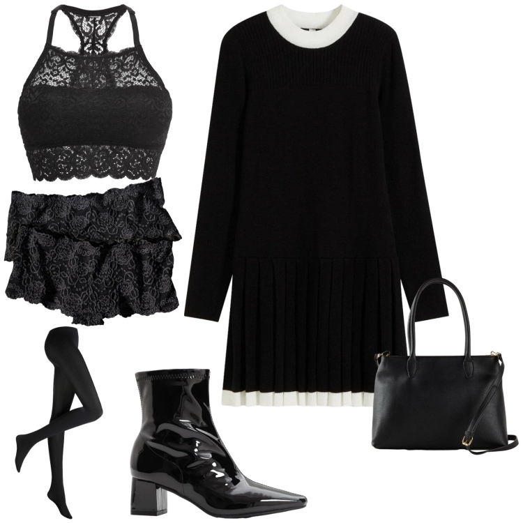 Outfit donna - Serata evento speciale. Stile Chic per Serata fuori. Abbinamento con borse a mano, collant, reggiseni, culotte, vestiti, stivaletti.