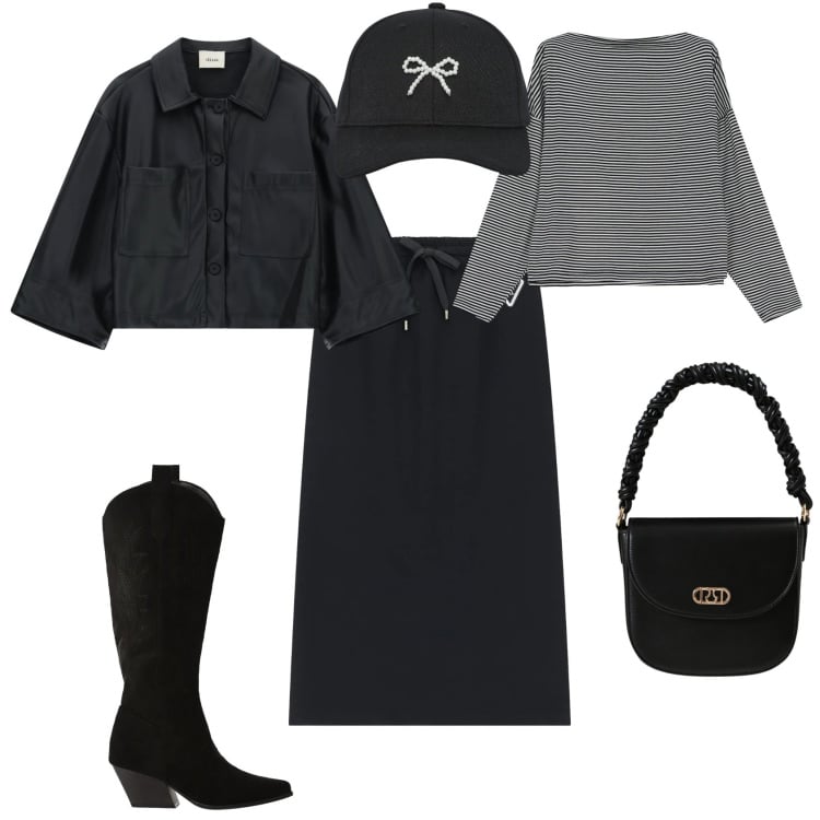 Outfit donna - Sporty chic ufficio week end con Dixie. Stile Sporty chic per Tutti i giorni. Abbinamento con cappelli con visiera, borse a mano, stivali, maglieria, gonne longuette, blazer.