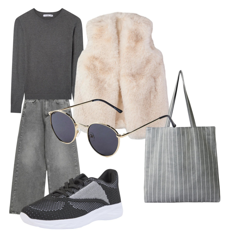 Outfit donna - Eco pelliccia. Stile Basic per Tutti i giorni. Abbinamento con occhiali da sole, sneakers, shopping bag, maglieria, piumini, jeans.