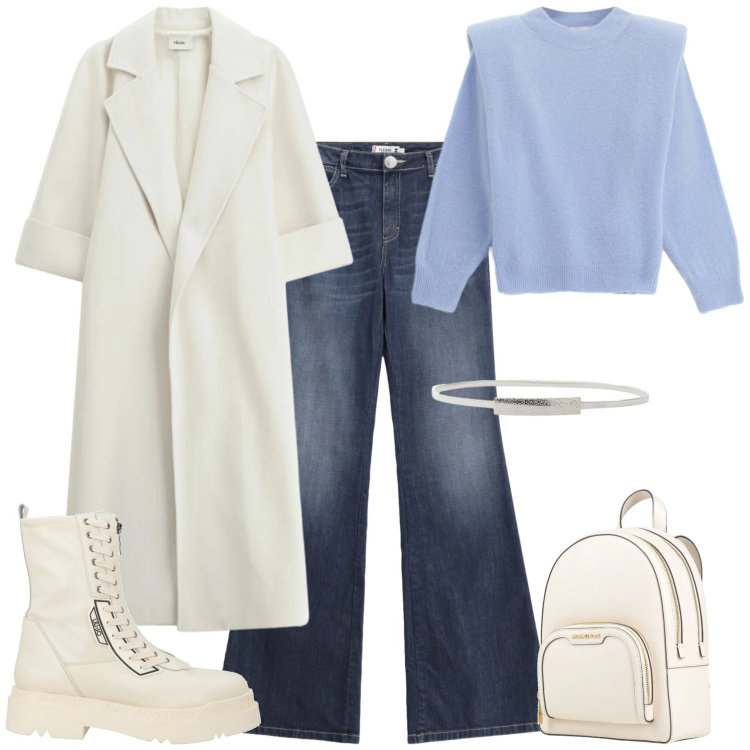 Outfit donna - Trendy ufficio tempo libero. Stile Trendy per Tutti i giorni. Abbinamento con anfibi, zaini, maglieria, cinture, cappotti, jeans a zampa.