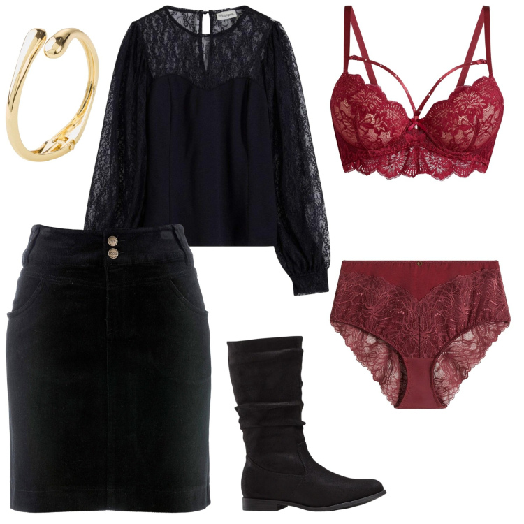Outfit donna - Intimo per San Valentino - Bonprix. Stile Romantica per Serata fuori. Abbinamento con gonne lunghe, stivali, braccialetti, bluse, culotte, reggiseni.