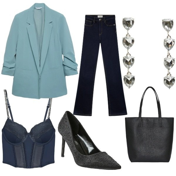 Outfit donna - Total look #2330447. Stile Casual chic per Serata fuori. Abbinamento con blazer, décolleté, orecchini, borse tote, jeans a zampa, bralette.