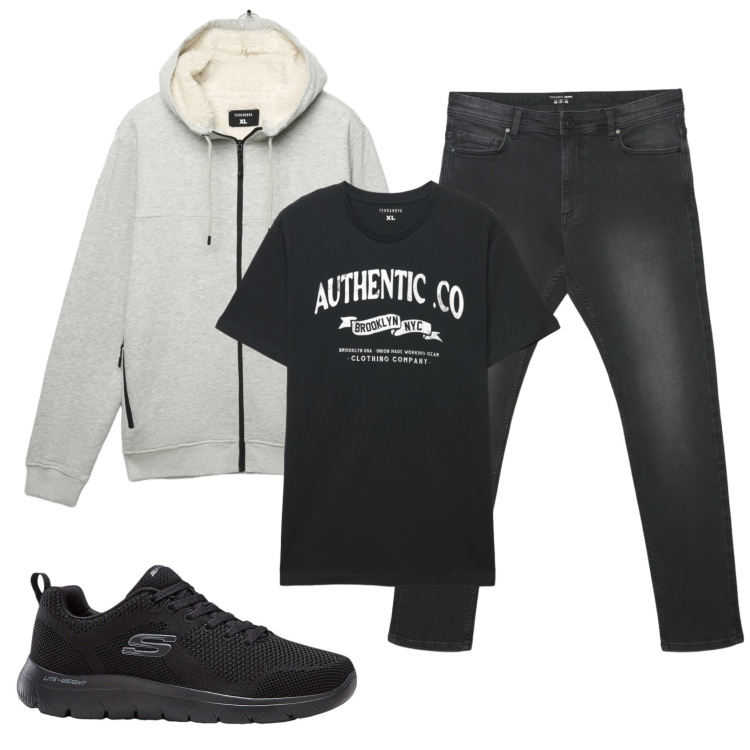 Outfit uomo - Total look #2330448. Stile Casual per Tutti i giorni. Abbinamento con sneakers, felpe con cappuccio, jeans skinny, t-shirt.
