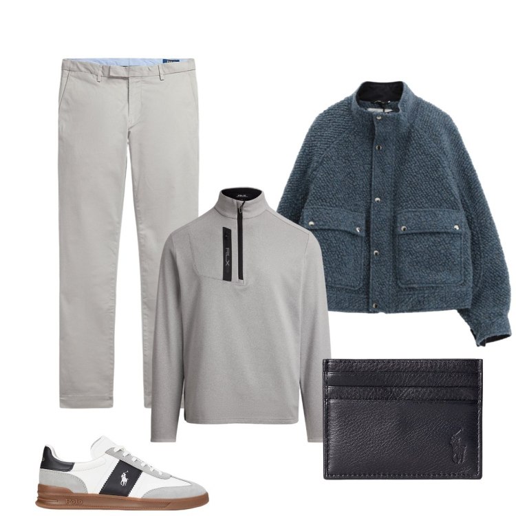 Outfit uomo - Casual chic grigio perla. Stile Trendy per Tutti i giorni. Abbinamento con bomber, portafogli, sneakers, pantaloni, pullovers.