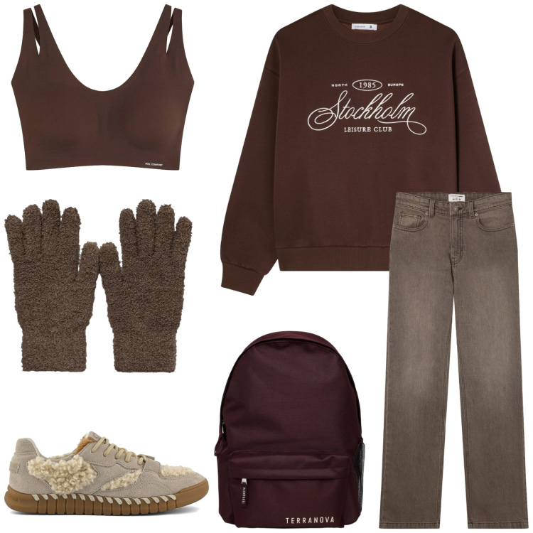 Outfit donna - Tutti i giorni. Stile Casual per Tutti i giorni. Abbinamento con bralette, zaini, felpe, jeans bootcut, guanti, sneakers.