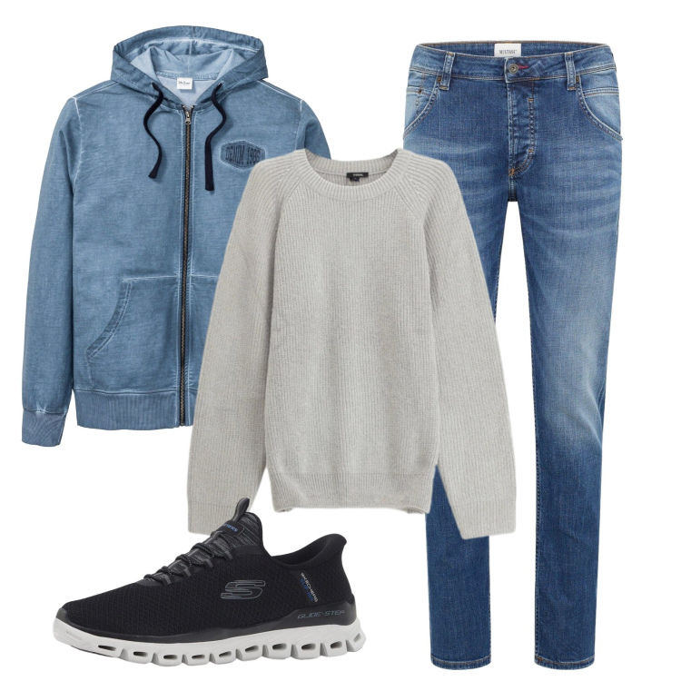 Outfit uomo - Total look #2330454. Stile Casual per Tutti i giorni. Abbinamento con felpe con cappuccio, sneakers, jeans dritti, maglieria.