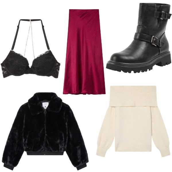 Outfit donna - Total look #2330455. Stile Casual chic per Serata fuori. Abbinamento con reggiseni push-up, gonne lunghe, stivaletti, ecopellicce, maglieria.