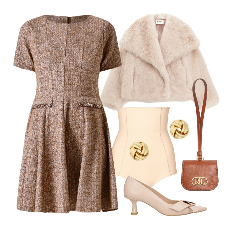 Outfit donna - Curvy romantica. Stile Chic per Serata fuori. Abbinamento con culotte, décolleté, vestiti corti, blazer, orecchini, pochette.