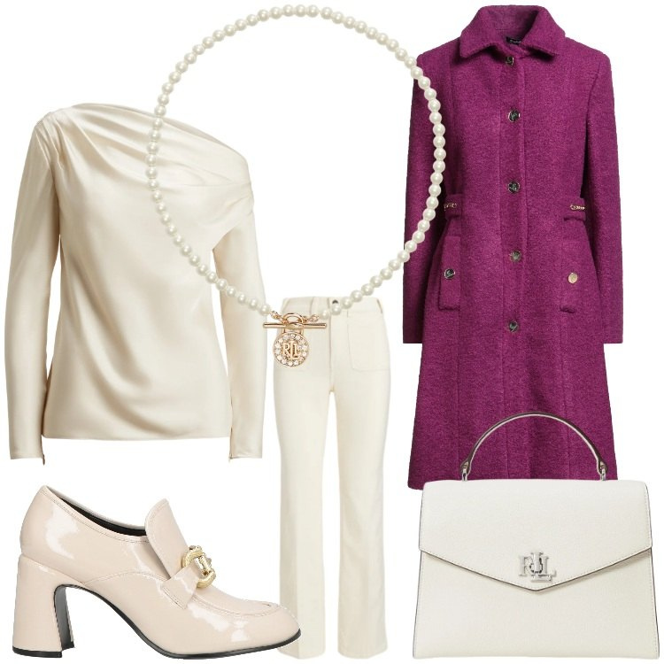 Outfit donna - Dettagli. Stile Chic per Serata fuori. Abbinamento con cappotti, mocassini, ciondoli, bluse, pantaloni, borse a mano.