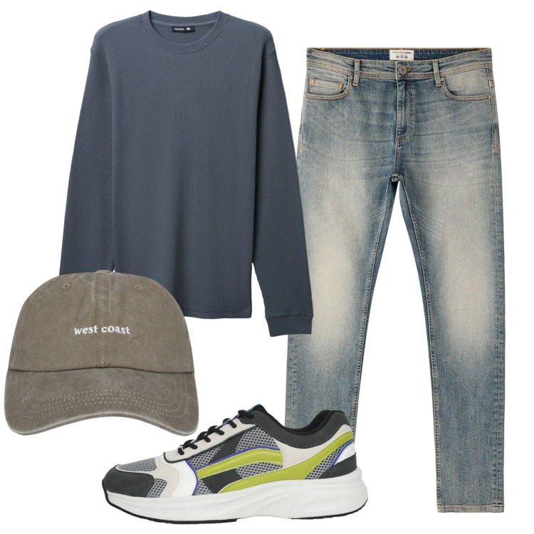 Outfit uomo - Total look #2330469. Stile Casual per Tutti i giorni. Abbinamento con cappelli con visiera, jeans skinny, maglieria, sneakers.