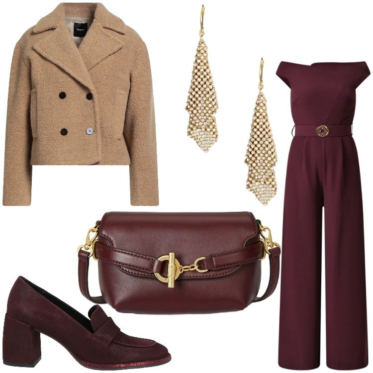 Outfit donna - Con la tuta. Stile Chic per Serata fuori. Abbinamento con caban, mocassini, tute, borse a tracolla, orecchini.