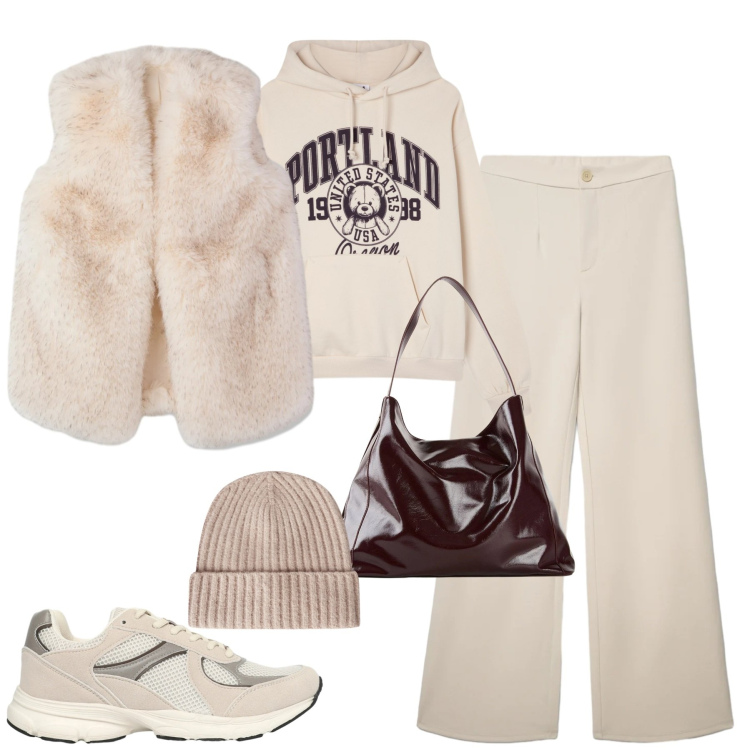 Outfit donna - Sabato mattina. Stile Casual per Tutti i giorni. Abbinamento con shopping bag, pantaloni, felpe con cappuccio, sneakers, piumini, berretti.