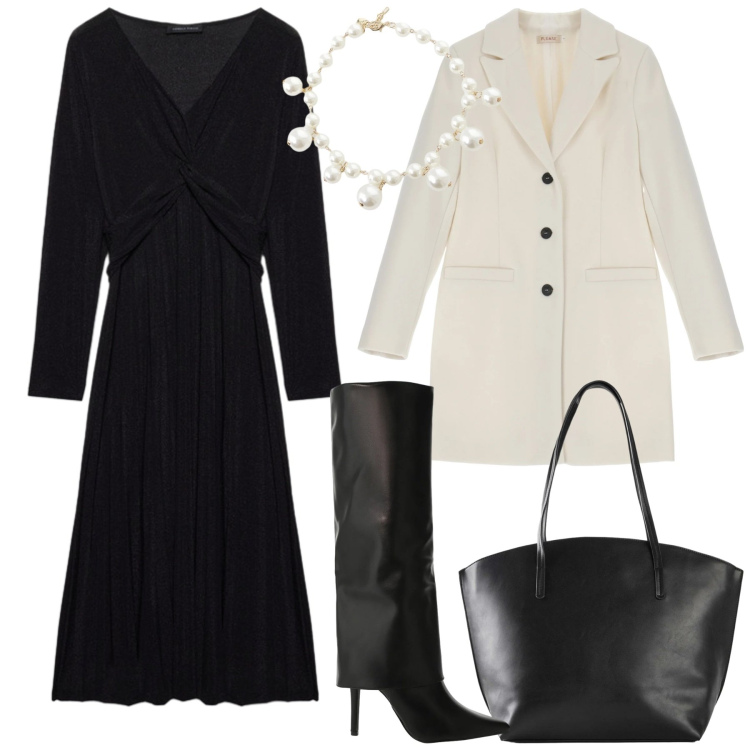 Outfit donna - Tessuti morbidi che valorizzano - curvy. Stile Casual chic per Ufficio. Abbinamento con shopping bag, stivali, collane, cappotti, vestiti lunghi.