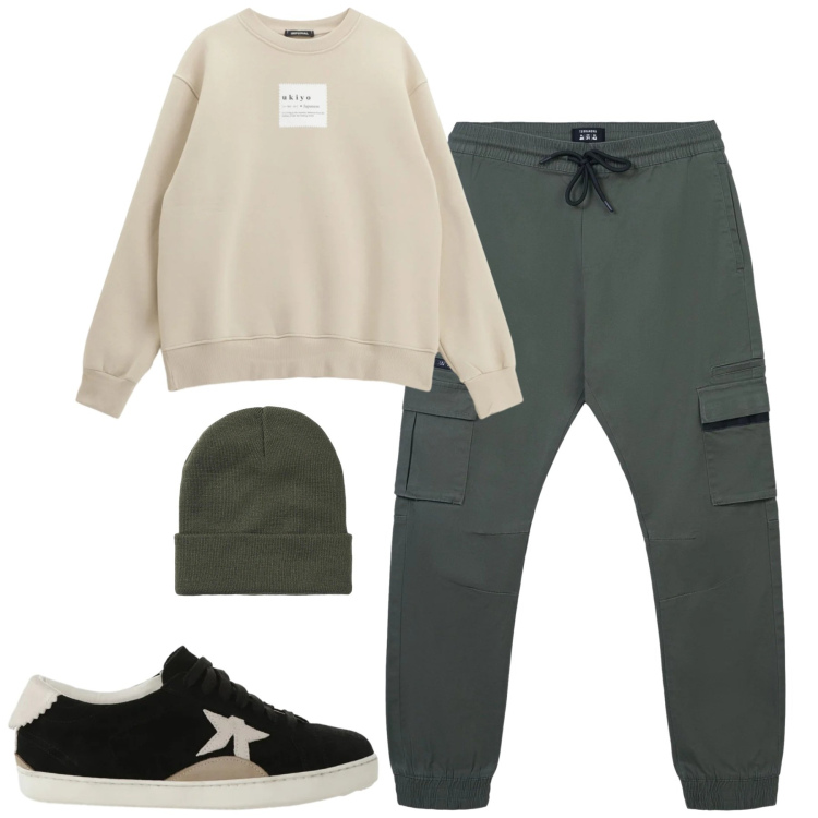 Outfit uomo - Relaxing time. Stile Casual per Tutti i giorni. Abbinamento con pantaloni cargo, berretti, felpe, sneakers.