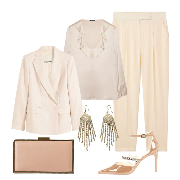 Outfit donna - Romantica elegante. Stile Chic per Serata fuori. Abbinamento con blazer, pantaloni chino, pochette, décolleté, orecchini, bluse.