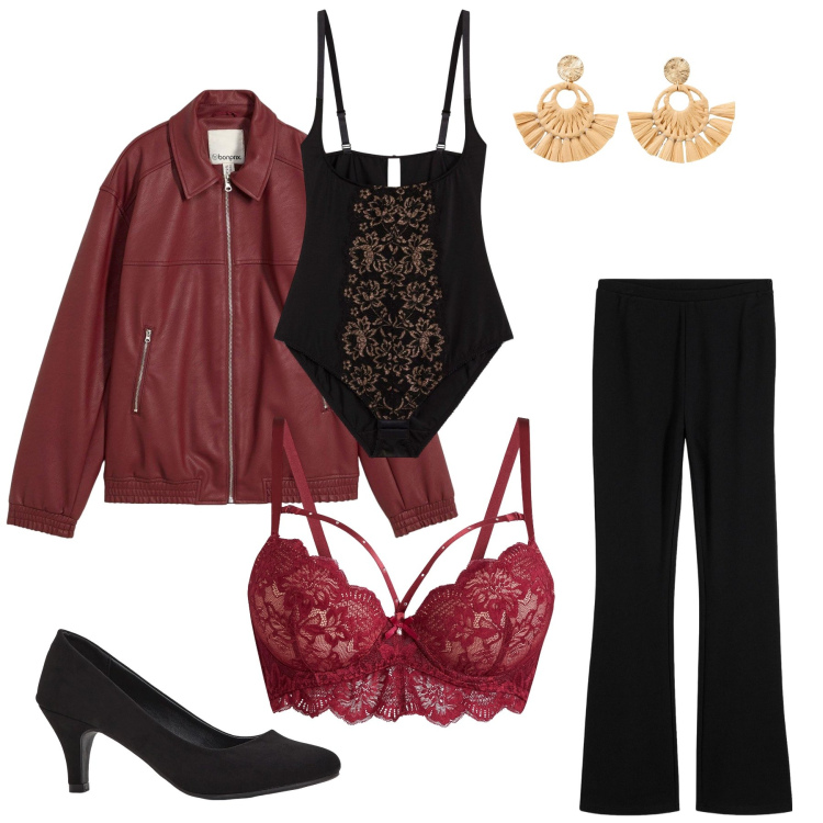 Outfit donna - Love & Rock. Stile Glamour per Serata fuori. Abbinamento con pantaloni, décolleté, orecchini, reggiseni, blazer, body.