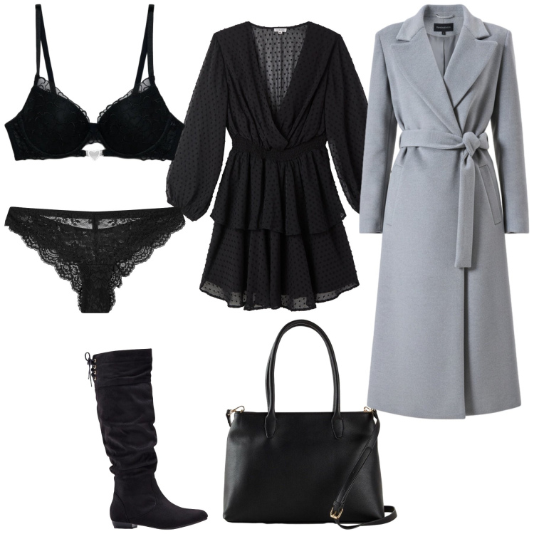 Outfit donna - Cena romantica. Stile Sexy per Serata fuori. Abbinamento con stivali, borse a mano, vestiti corti, perizomi, reggiseni push-up, cappotti.