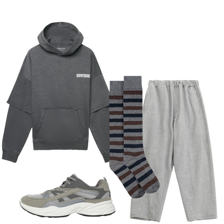 Outfit uomo - Total look #2330502. Stile Trendy per Sport. Abbinamento con sneakers, felpe con cappuccio, pantaloni, calzini.