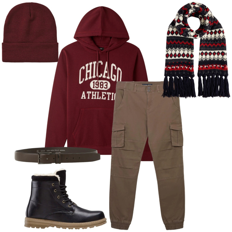 Outfit uomo - Total look #2330510. Stile Urban per Tutti i giorni. Abbinamento con stivali e stivaletti, pantaloni cargo, felpe con cappuccio, berretti, cinture, sciarpe.