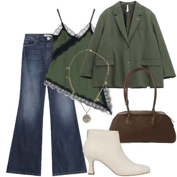 Outfit donna - Il mio mese. Stile Urban per Tutti i giorni. Abbinamento con stivaletti, blazer, canottiere, borse a mano, ciondoli, jeans a zampa.