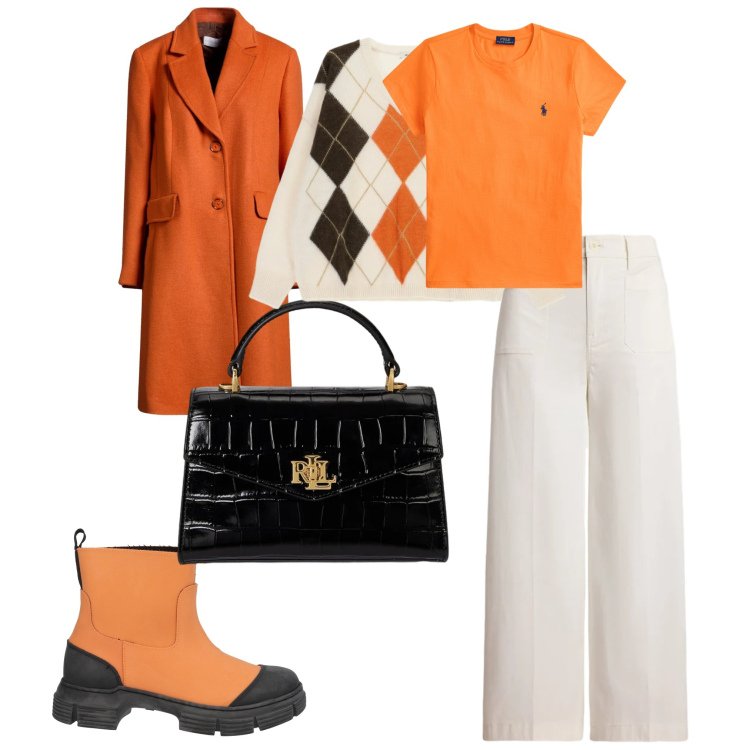 Outfit donna - Total look #2330512. Stile Glamour Abbinamento con cappotti, stivaletti, maglieria, t-shirt, borse a mano, pantaloni.