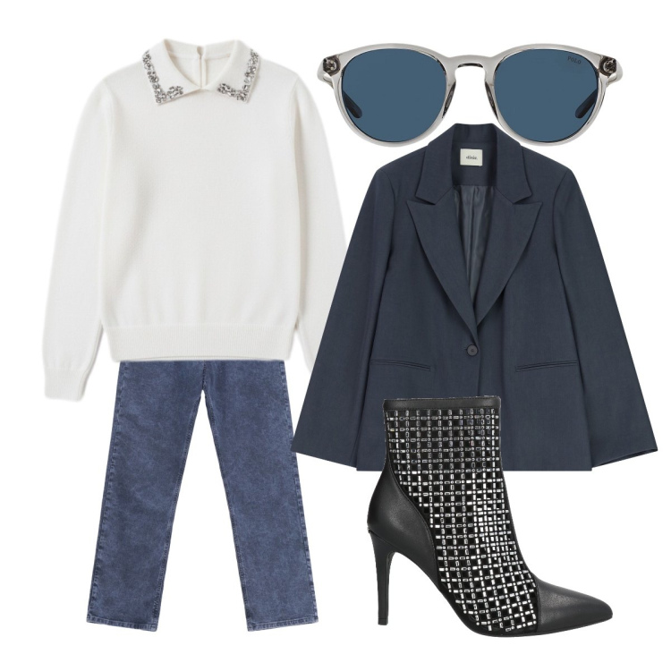 Outfit donna - Il mio s. Valentino mannish. Stile Mannish per Tutti i giorni. Abbinamento con stivaletti, blazer, pullovers, jeans dritti, occhiali da sole.