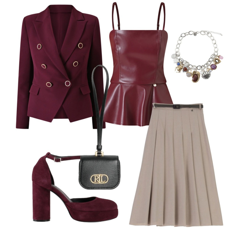 Outfit donna - Total look #2330517. Stile Chic per Serata fuori. Abbinamento con décolleté, top, blazer, gonne longuette, braccialetti con ciondoli, pochette.