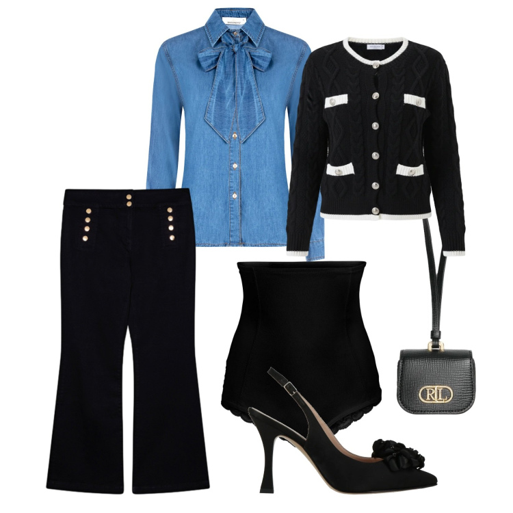 Outfit donna - Denim romantico. Stile Chic per Serata fuori. Abbinamento con culotte, décolleté, camicie, cardigans, pochette, jeans.