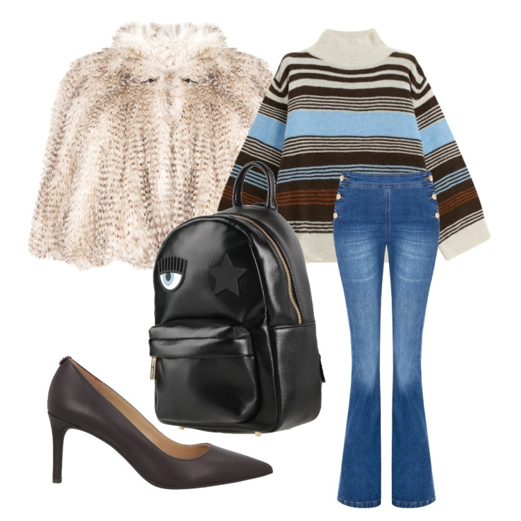 Outfit donna - Soft. Stile Casual chic per Tutti i giorni. Abbinamento con décolleté, zaini, maglieria, jeans a zampa, ecopellicce.