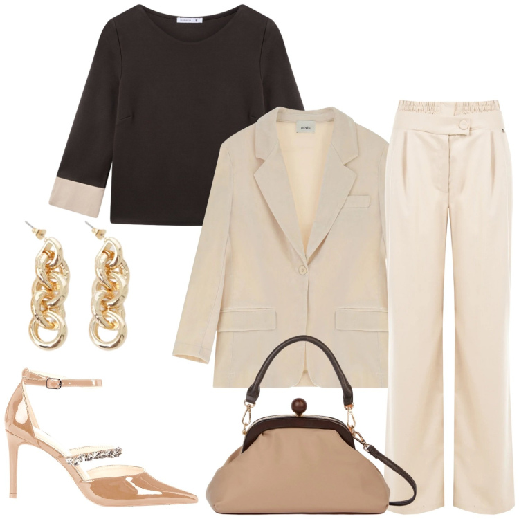 Outfit donna - Elegante e versatile. Stile Bon Ton per Cerimonia. Abbinamento con orecchini, blazer, t-shirt, décolleté, pantaloni a palazzo, clutch.