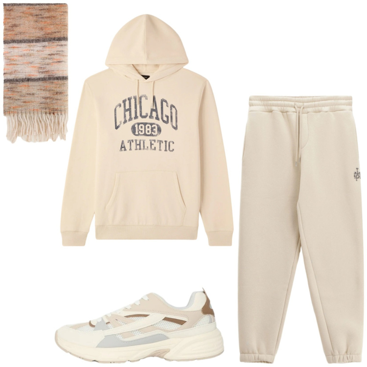 Outfit uomo - Total look #2330527. Stile Urban per Sport. Abbinamento con felpe con cappuccio, sneakers, pantaloni, sciarpe.