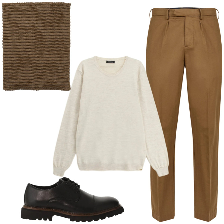 Outfit uomo - Total look #2330529. Stile Urban per Tutti i giorni. Abbinamento con scaldacollo, maglieria, scarpe stringate, pantaloni.