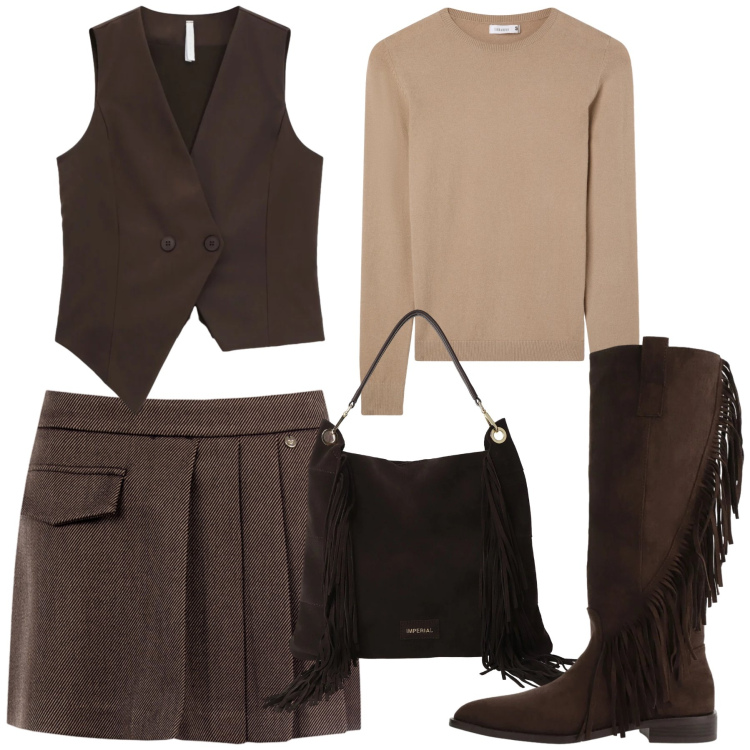 Outfit donna - Total look #2330530. Stile Romantica per Serata fuori. Abbinamento con gilet, borse a spalla, stivali sopra il ginocchio, maglieria, minigonne.