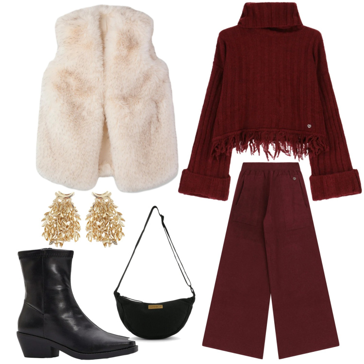 Outfit donna - Frange nel maglione. Stile Casual per Tutti i giorni. Abbinamento con stivaletti, orecchini, piumini, maglieria, pantaloni a palazzo, borse a tracolla.