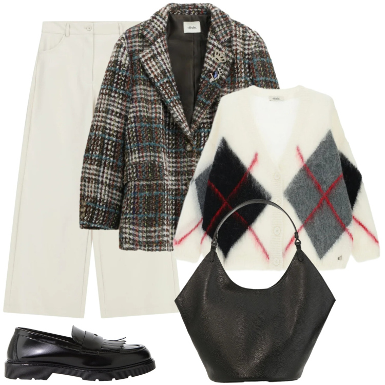 Outfit donna - Tutto a quadri. Stile Urban per Ufficio. Abbinamento con cappotti, cardigans, borse a spalla, pantaloni a palazzo, mocassini.