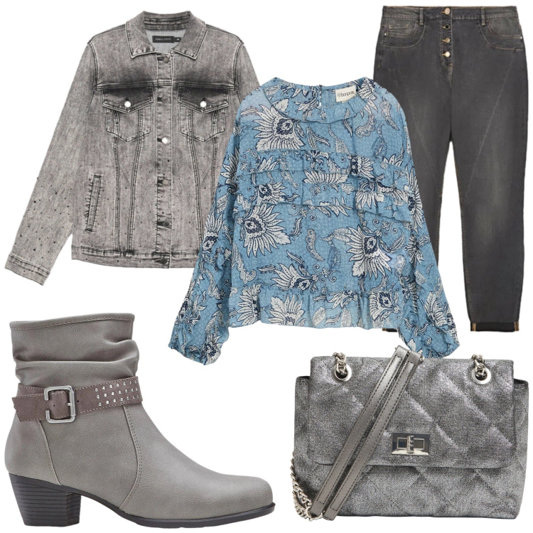 Outfit donna - Total look #2330540. Stile Trendy per Ufficio. Abbinamento con bluse, stivaletti, borse a tracolla, jeans, blazer.