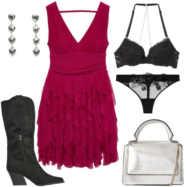 Outfit donna - rosso valentino. Stile Rock per Serata fuori. Abbinamento con stivali, vestiti, borse a tracolla, perizomi, reggiseni push-up, orecchini.