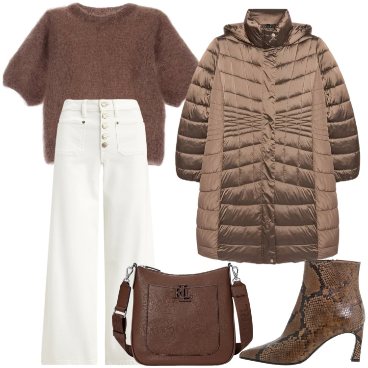 Outfit donna - Calda come il caffè. Stile Glamour per Tutti i giorni. Abbinamento con t-shirt, stivaletti, borse a tracolla, jeans, piumini.