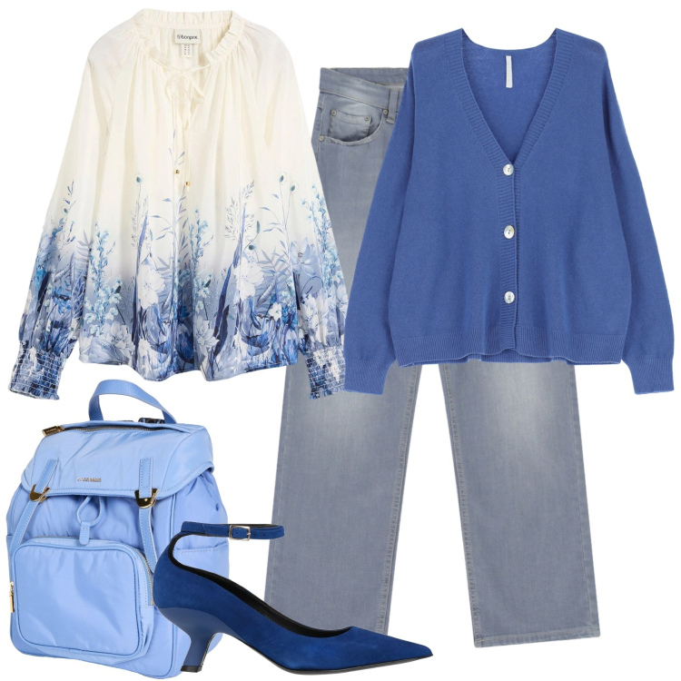 Outfit donna - Qualcosa di nuovo. Stile Bon Ton per Tutti i giorni. Abbinamento con bluse, zaini, décolleté, cardigans, jeans dritti.