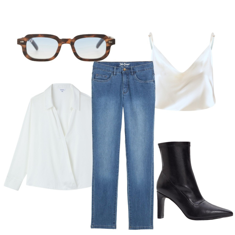 Outfit donna - A scuola un po’ sexy. Stile Sexy per Scuola/Università. Abbinamento con stivaletti, jeans dritti, occhiali da sole, camicie, canottiere.