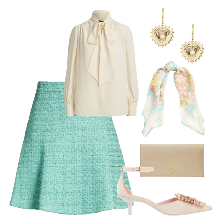 Outfit donna - Outfit per San Valentino. Stile Bon Ton per Cerimonia. Abbinamento con minigonne, décolleté, portafogli, camicie, orecchini, foulard.