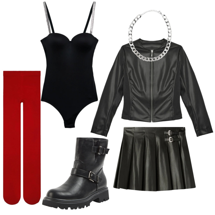 Outfit donna - S. Valentino rock. Stile Rock per Serata fuori. Abbinamento con giacche, minigonne, top, stivaletti, collane, collant.