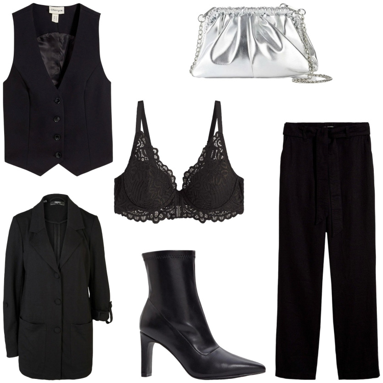 Outfit donna - Serata romantica. Stile Mannish per Serata fuori. Abbinamento con gilet, pantaloni, blazer, reggiseni, borse a tracolla, stivaletti.