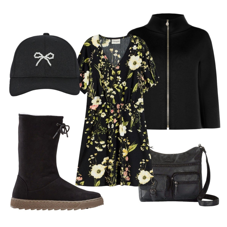 Outfit donna - Febbraio elegante black curvy. Stile Romantica per Serata fuori. Abbinamento con borse a tracolla, stivali, vestiti, cappelli con visiera, cappe.