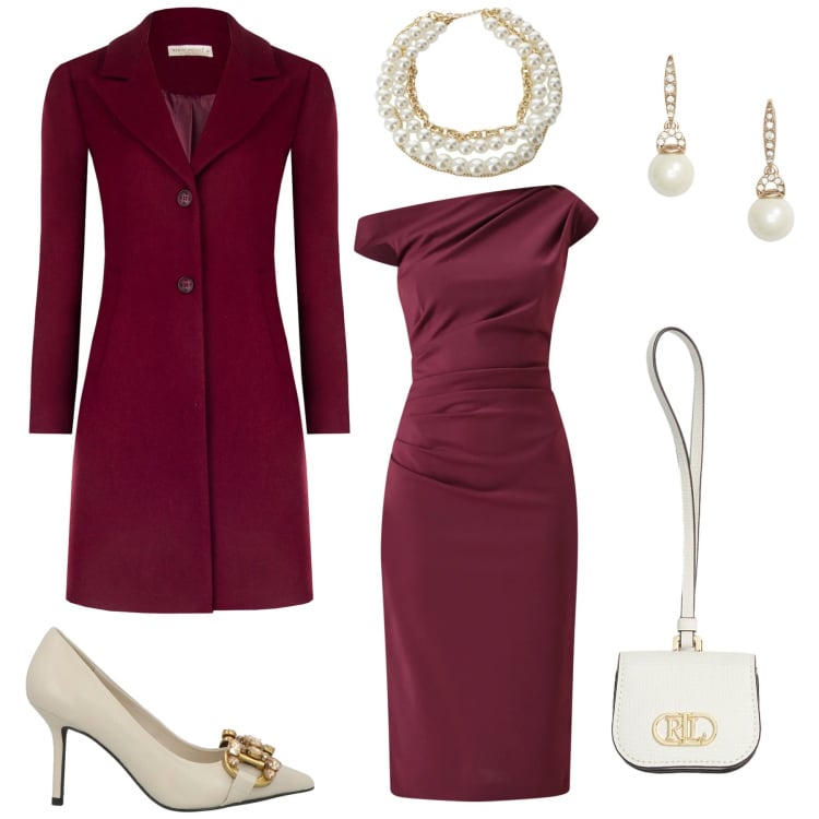 Outfit donna - Burgundy Love. Stile Chic per Serata fuori. Abbinamento con décolleté, vestiti a tubino, cappotti, collane, orecchini, pochette.
