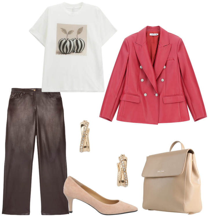 Outfit donna - Casual primaverile. Stile Casual chic per Tutti i giorni. Abbinamento con décolleté, zaini, t-shirt, blazer, orecchini, pantaloni chino.