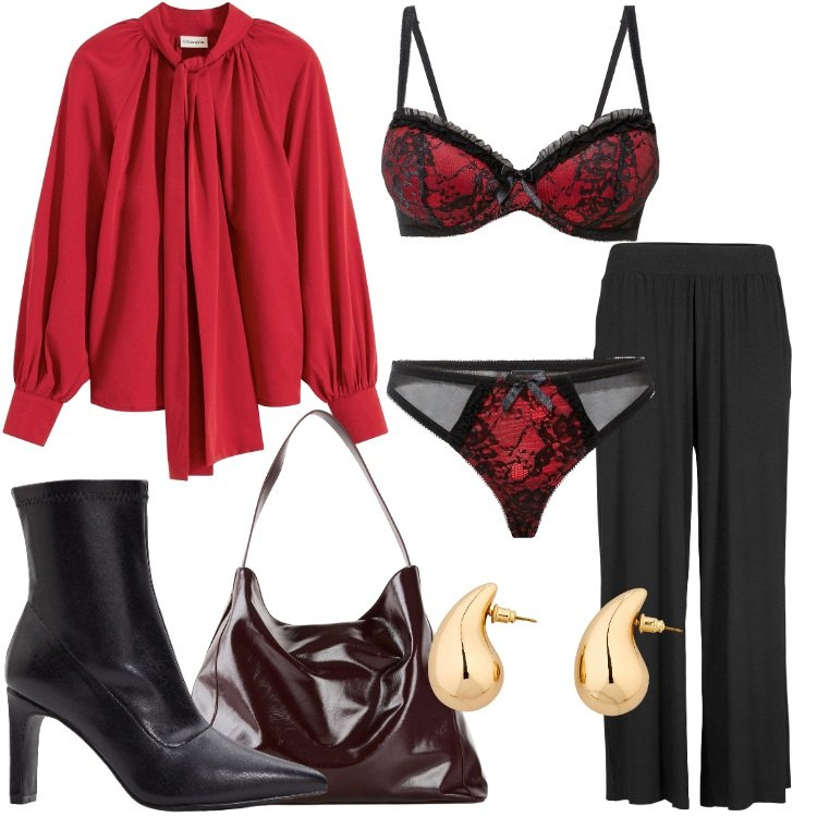 Outfit donna - Intimo per San Valentino - bonprix. Stile Romantica per Serata fuori. Abbinamento con reggiseni, camicie, pantaloni, stivaletti, orecchini, shopping bag.