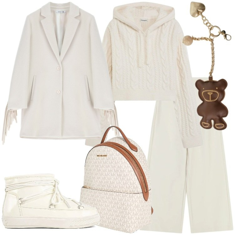 Outfit donna - Io e te in baita - Curvy Style. Stile Sporty chic per Serata fuori. Abbinamento con maglieria, zaini, cappotti, portachiavi, pantaloni a palazzo, stivali da neve.